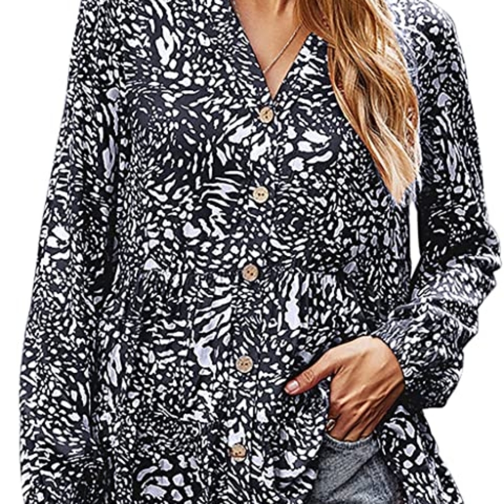 🔥 Womens Casual Tunic Tops Floral Print Button Down Shirt Flowy V-Neck - Picture 2 of 5